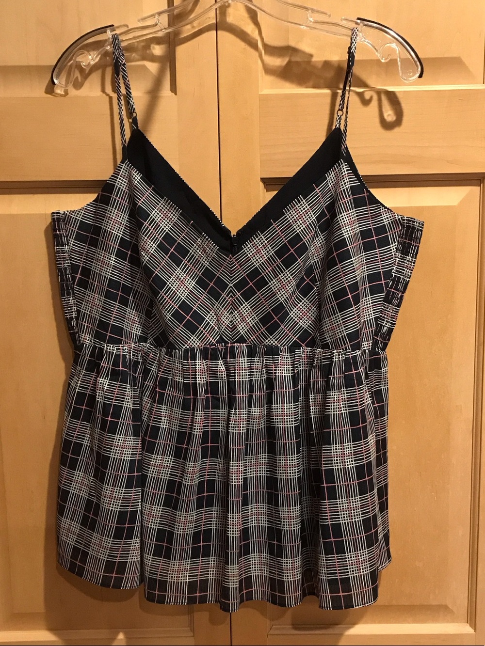 New Club Monaco Dark Navy Plaid Spaghetti Strap Peplum Camisole